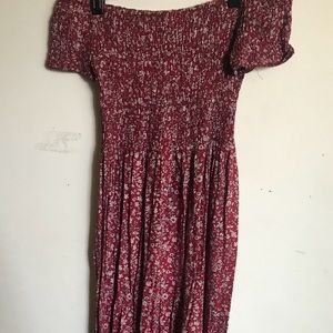 Red floral off the shoulder maxi dress with slits